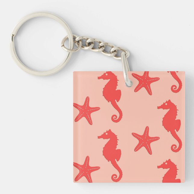Seahorse & starfish - shades of coral orange key ring (Front)