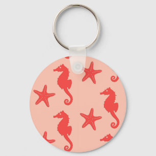 Seahorse & starfish - shades of coral orange key ring