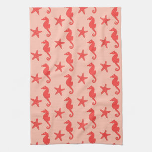 Seahorse & starfish - shades of coral orange tea towel