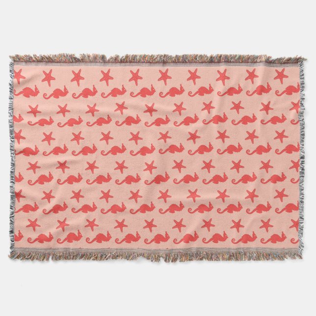 Seahorse & starfish - shades of coral orange throw blanket (Front)