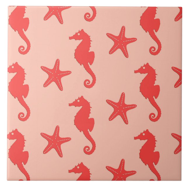 Seahorse & starfish - shades of coral orange tile (Front)