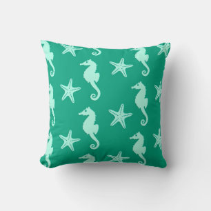 Seahorse & starfish - teal and seafoam green cushion