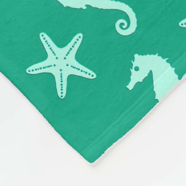 Seahorse & starfish - teal and seafoam green fleece blanket (Corner)