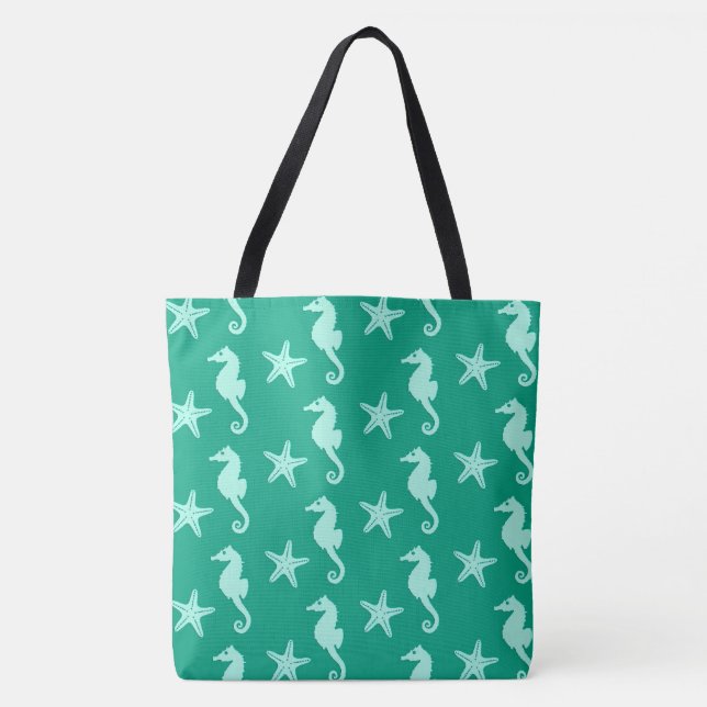 Seahorse & starfish - teal and seafoam green tote bag (Front)