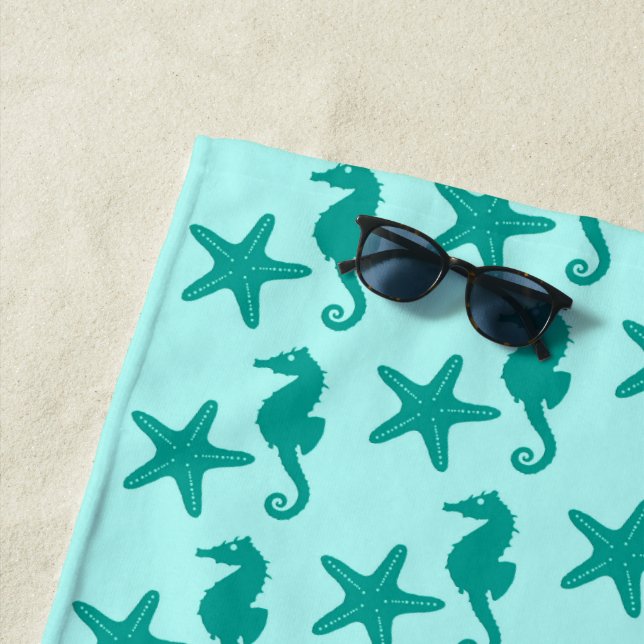 Seahorse & starfish, Turquoise and Aqua Beach Towel (In Situ)