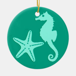 Seahorse & starfish - turquoise and aqua ceramic ornament