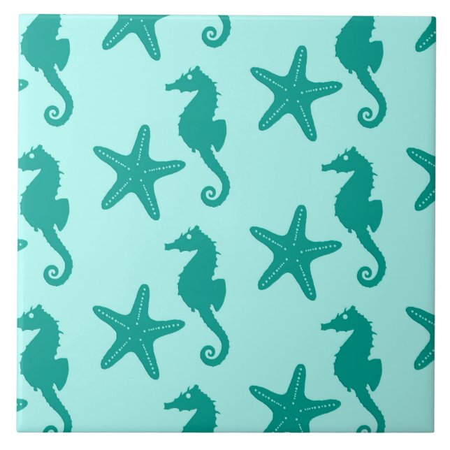 Seahorse & starfish - turquoise and aqua ceramic tile (Front)