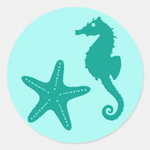Seahorse & Starfish, Turquoise and Aqua Classic Round Sticker