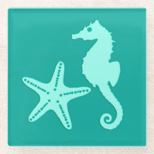 Seahorse & starfish - turquoise and aqua glass coaster