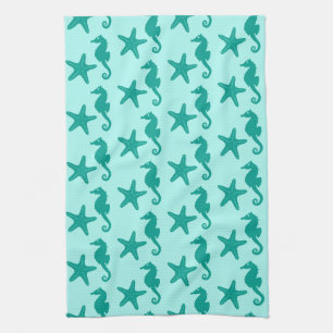 Seahorse & starfish - turquoise and aqua tea towel