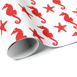 Seahorse & starfish - white and dark coral red wrapping paper