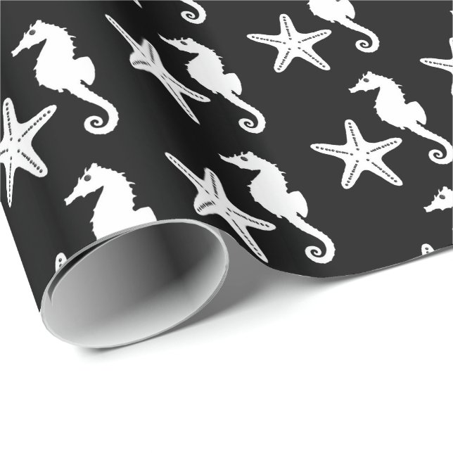 Seahorse & starfish - white on black wrapping paper (Roll Corner)