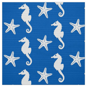 Seahorse & starfish - white on cobalt blue fabric
