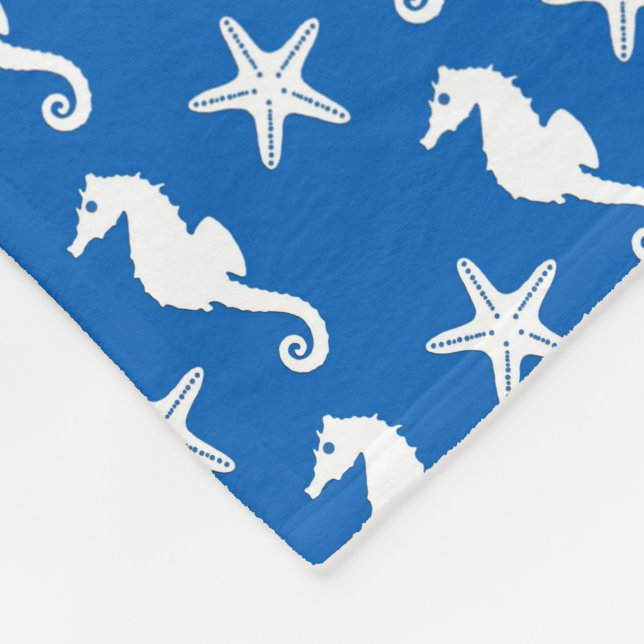 Seahorse & starfish - white on cobalt blue fleece blanket (Corner)