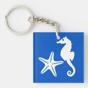 Seahorse & starfish - white on cobalt blue key ring