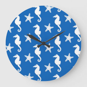 Seahorse & starfish - white on cobalt blue large clock