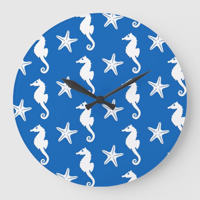 Seahorse & starfish - white on cobalt blue large clock (Front)