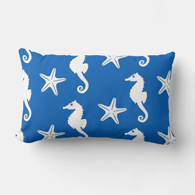 Seahorse & starfish - white on cobalt blue lumbar cushion (Front)