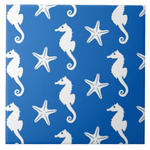 Seahorse & starfish - white on cobalt blue tile