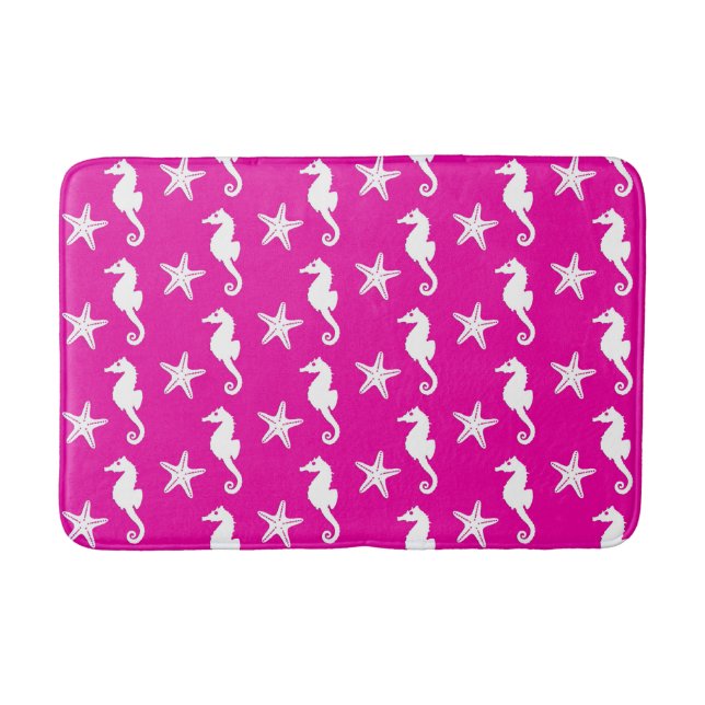 Seahorse & starfish - white on fuchsia pink bath mat (Front)