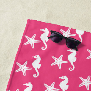 Seahorse & starfish, white on fuchsia pink beach towel