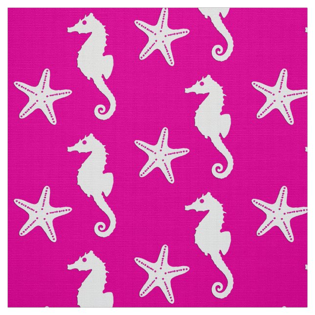 Seahorse & starfish - white on fuchsia pink fabric (Swatch)