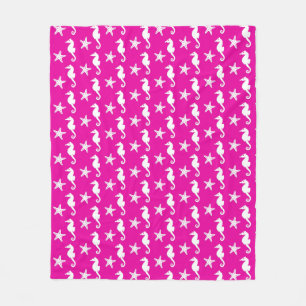 Seahorse & starfish - white on fuchsia pink fleece blanket