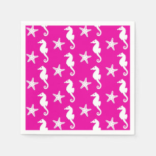 Seahorse & starfish - white on fuchsia pink napkin