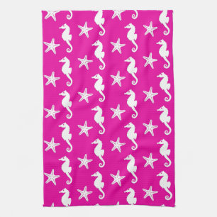 Seahorse & starfish - white on fuchsia pink tea towel
