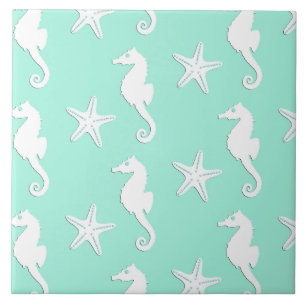 Seahorse & starfish - white on pale aqua ceramic tile
