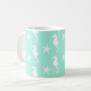 Seahorse & starfish - white on pale aqua coffee mug
