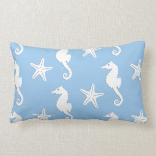 Seahorse & starfish - white on pale blue lumbar cushion