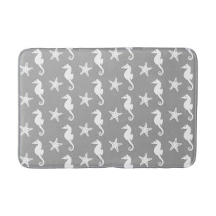 Seahorse & starfish - white on silver grey bath mat