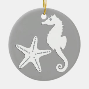 Seahorse & starfish - white on silver grey ceramic ornament