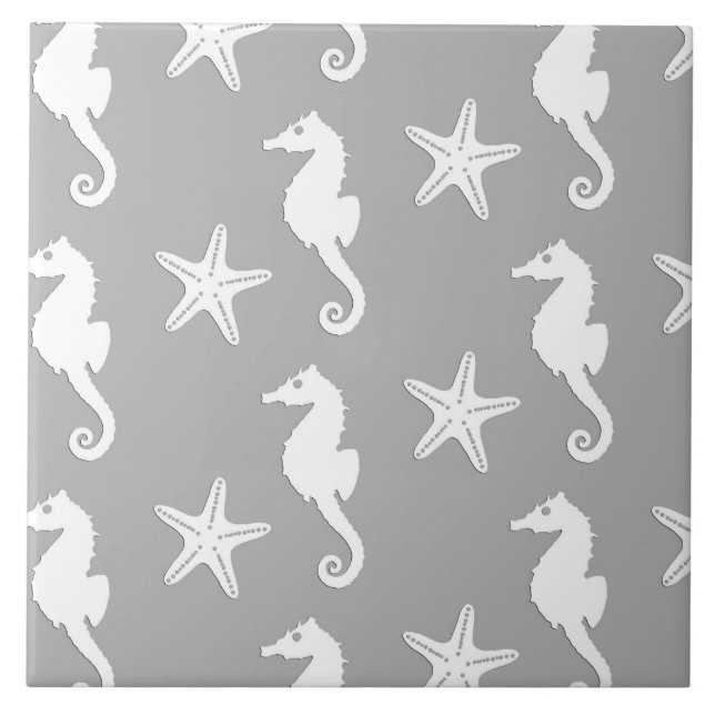 Seahorse & starfish - white on silver grey ceramic tile (Front)