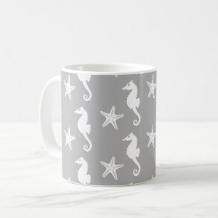 Seahorse & starfish - white on silver grey coffee mug