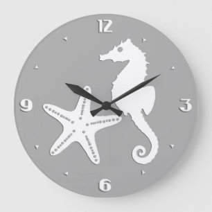 Seahorse & starfish - white on silver grey large clock