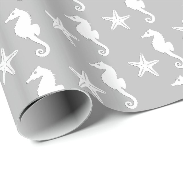 Seahorse & starfish - white on silver grey wrapping paper (Roll Corner)