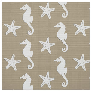 Seahorse & starfish - white on taupe tan fabric