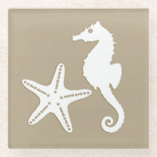 Seahorse & starfish - white on taupe tan glass coaster