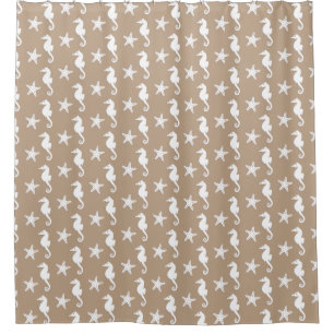 Seahorse & starfish - white on taupe tan shower curtain