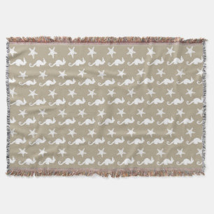 Seahorse & starfish - white on taupe tan throw blanket