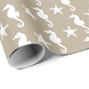 Seahorse & starfish - white on taupe tan wrapping paper