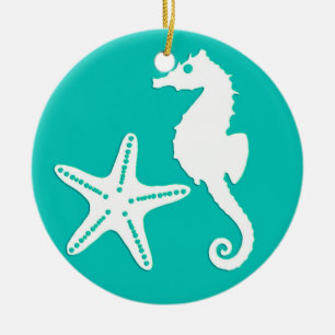 Seahorse & starfish - white on turquoise ceramic tree decoration