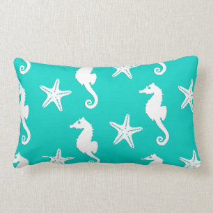 Seahorse & starfish - white on turquoise lumbar cushion
