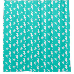 Seahorse & starfish - white on turquoise shower curtain