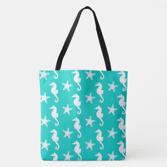 Seahorse & starfish - white on turquoise tote bag (Front)