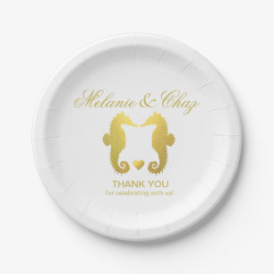 Seahorse Sweethearts Faux Gold Foil Party Paper Plate
