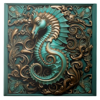 Seahorse Teal and Copper Marine Life Aquatic Ceramic Tile