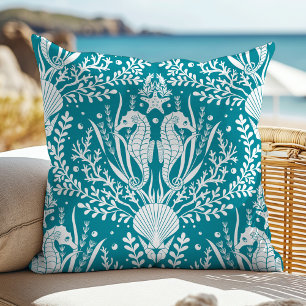 Seahorse Teal Blue White Ocean Summer Cushion